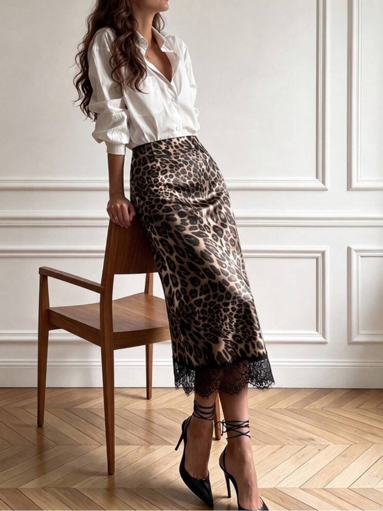 Dresses & Skirts - Leopard Print Satin Slip Midi Skirt with Lace Trim
